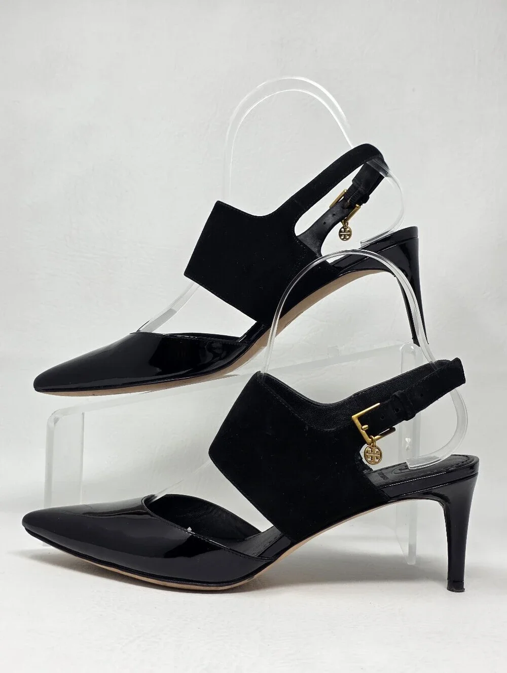 Tory Burch Slingback Pumps Women 7M Black Good Patent Suede Mixed Media Heel